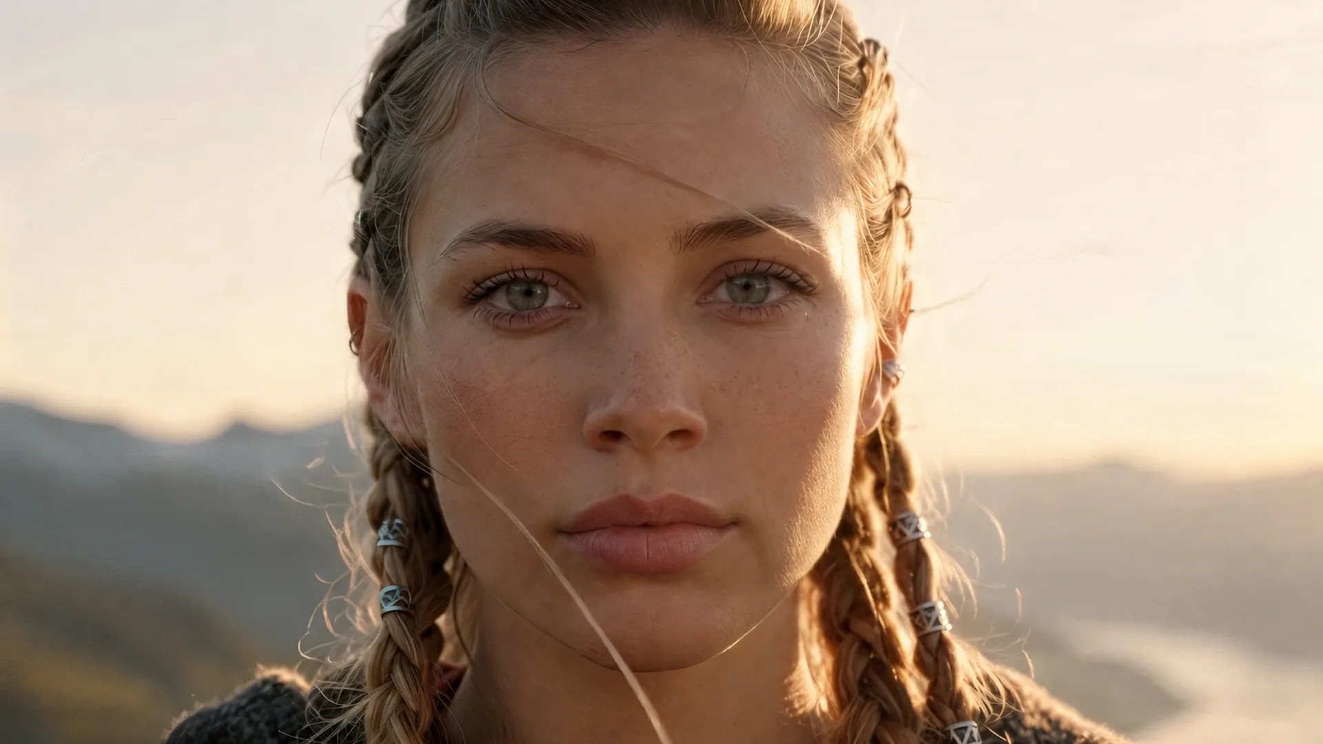 TORVA, a young Viking woman with braided hair, looking into the camera at sunrise above a fjord